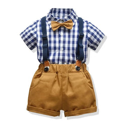 Toddler Boys Cotton Plaid Shirt & Suspenders Shorts Set