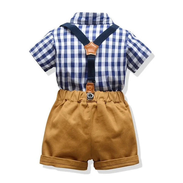 Toddler Boys Cotton Plaid Shirt & Suspenders Shorts Set