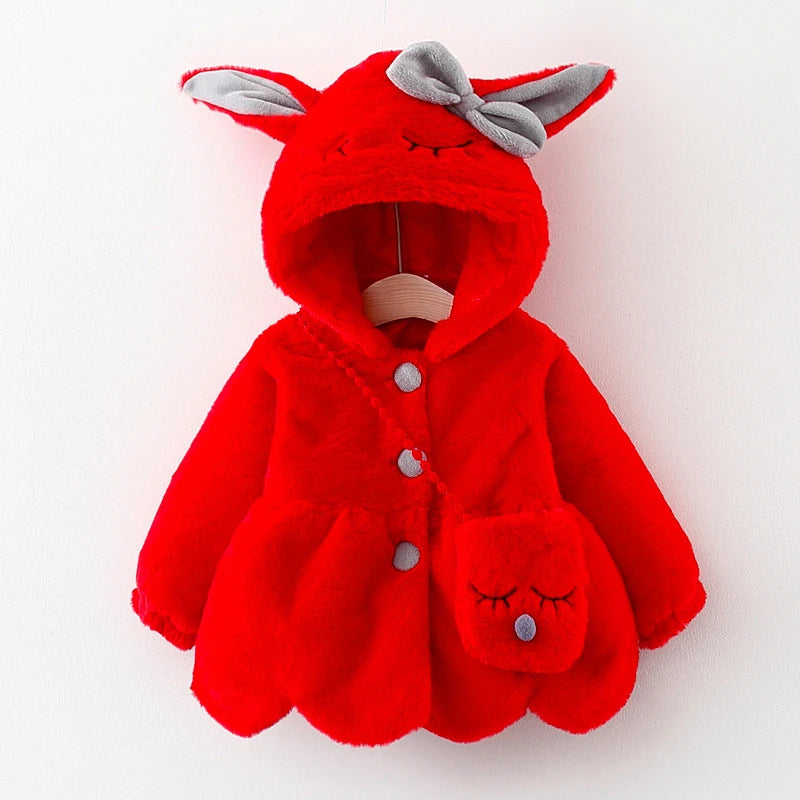 Cute Rabbit Ears Plush Baby Jacket – Warm Hooded Coat for Girls