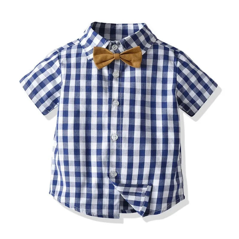 Toddler Boys Cotton Plaid Shirt & Suspenders Shorts Set