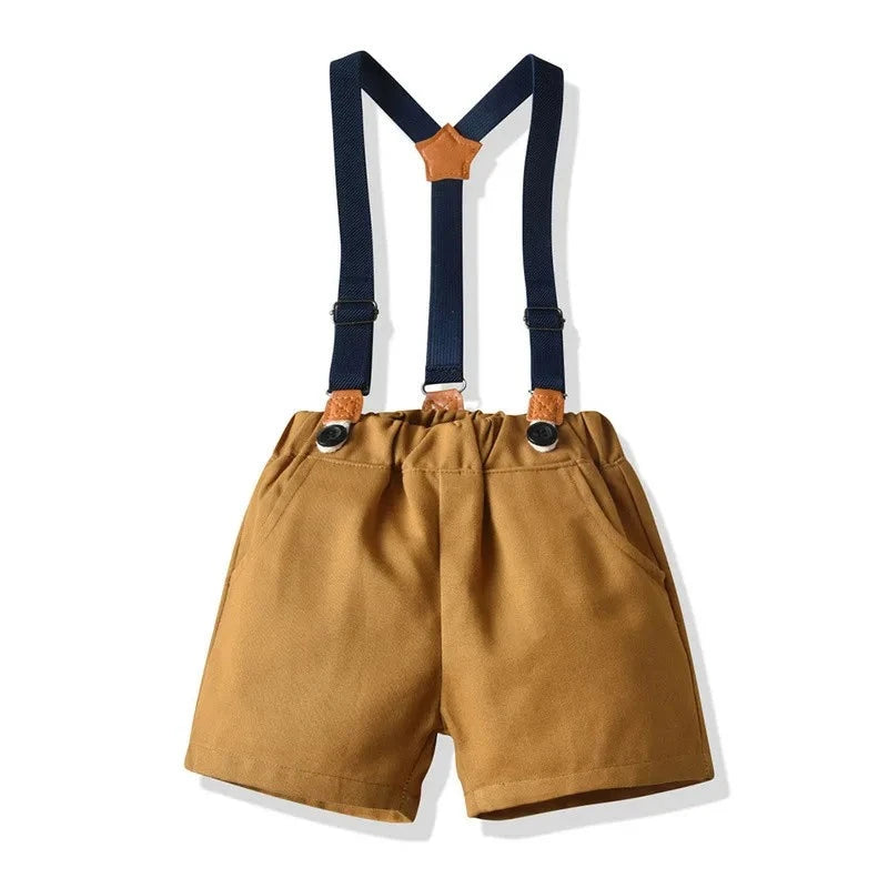 Toddler Boys Cotton Plaid Shirt & Suspenders Shorts Set