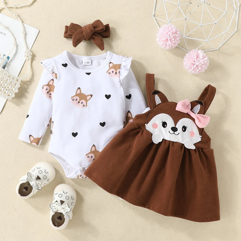 Baby Girl Clothing Set - Long Sleeve Bodysuit & Cartoon Fox Bow Dress