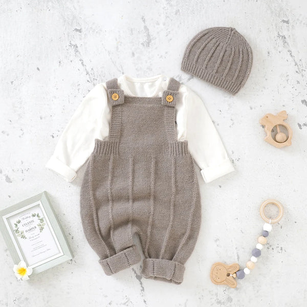 Fashionable Knitted Baby Romper with Hat - Unisex Newborn to Toddler