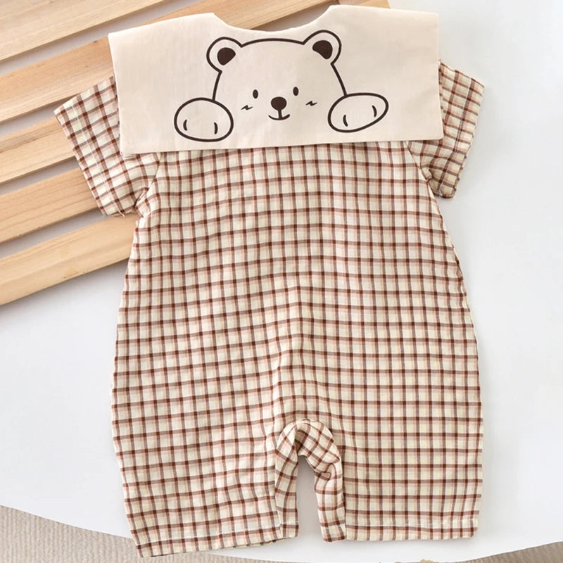 Plaid Cotton Baby Romper with Cute Bear Design