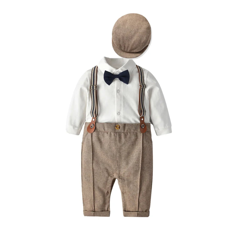 Baby Boy Gentleman Suit with Suspender Pants, Vest, and Cap