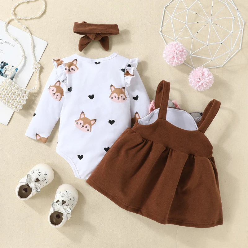 Baby Girl Clothing Set - Long Sleeve Bodysuit & Cartoon Fox Bow Dress