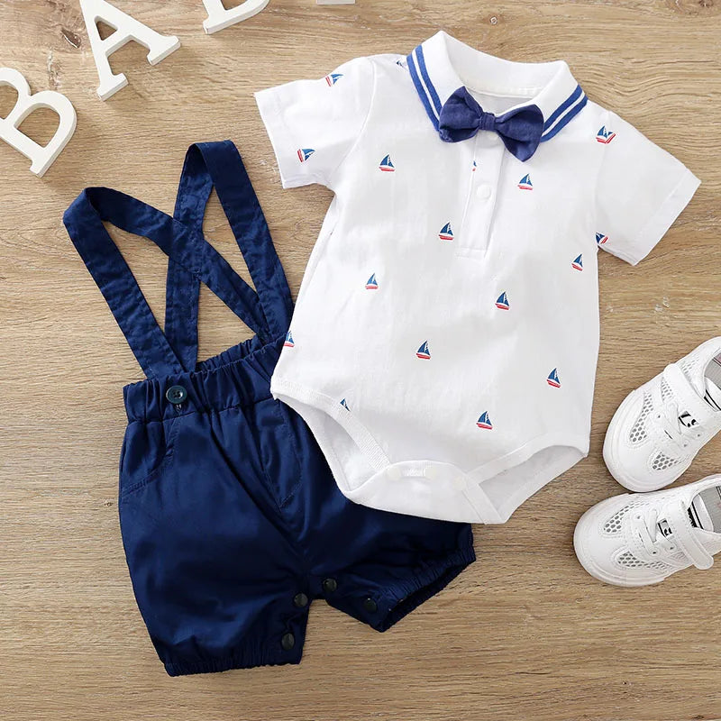 Sailboat Print Baby Bodysuit and Strap Pants Set