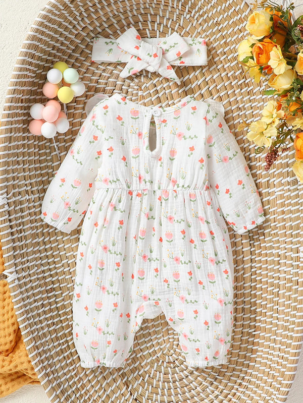 Baby Girl's Long Sleeve Floral Print Jumpsuit with Bow & Headband