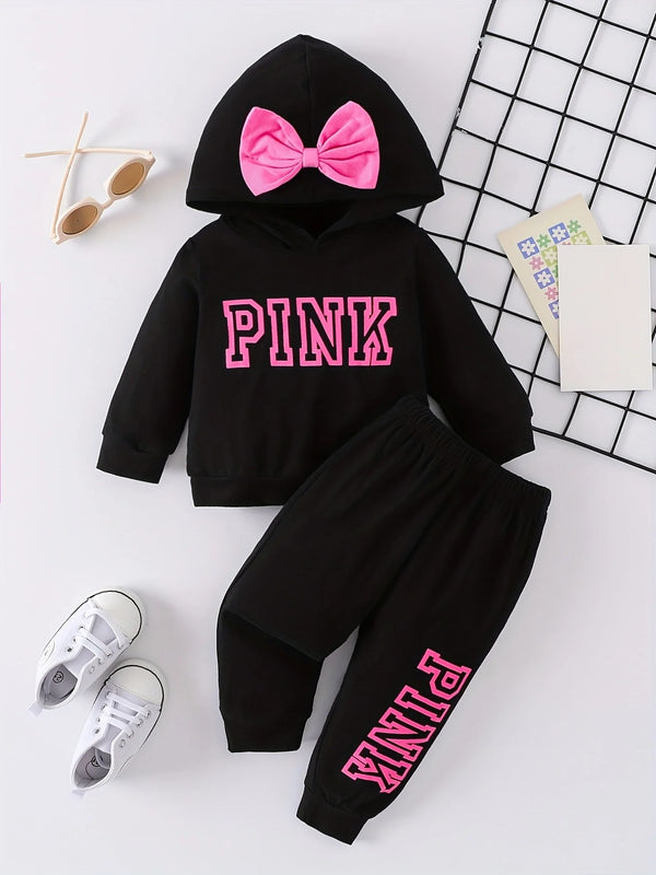 Girls' Hooded Top and Trousers Set with Bow and Alphabet Print