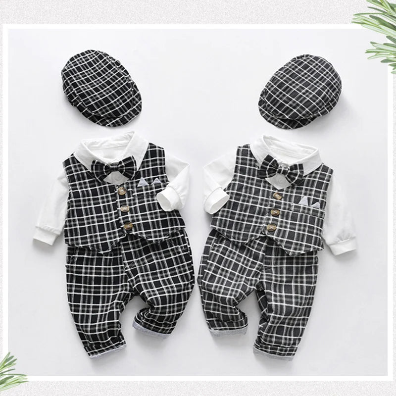 Formal Baby Boys Black & White Plaid Birthday Cotton Hat Set