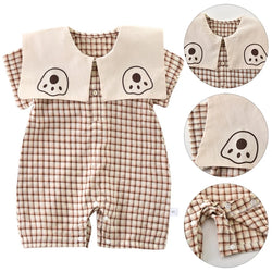 Plaid Cotton Baby Romper with Cute Bear Design