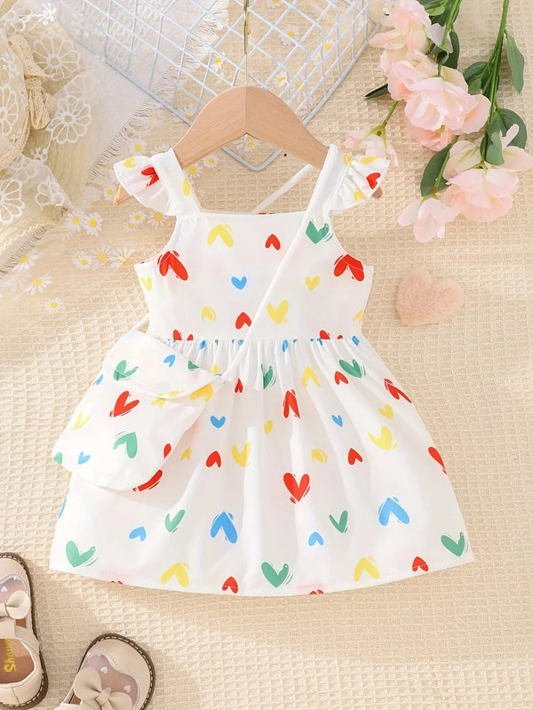 2-Piece Summer Baby Girl Love Pattern Dress with Shoulder Bag