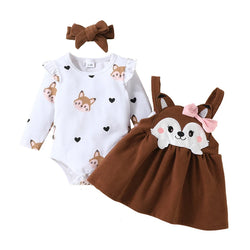 Baby Girl Clothing Set - Long Sleeve Bodysuit & Cartoon Fox Bow Dress