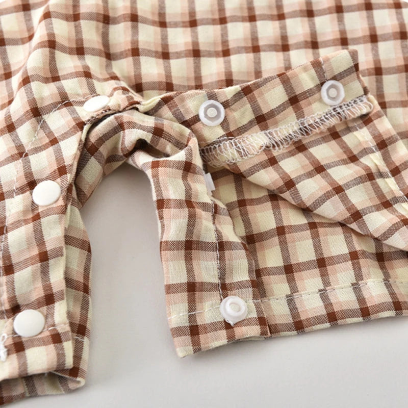 Plaid Cotton Baby Romper with Cute Bear Design