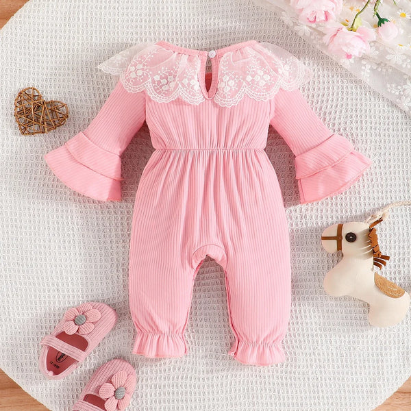 Baby Girl Newborn Onesies Romper – Long Sleeve Lace Collar Jumpsuit